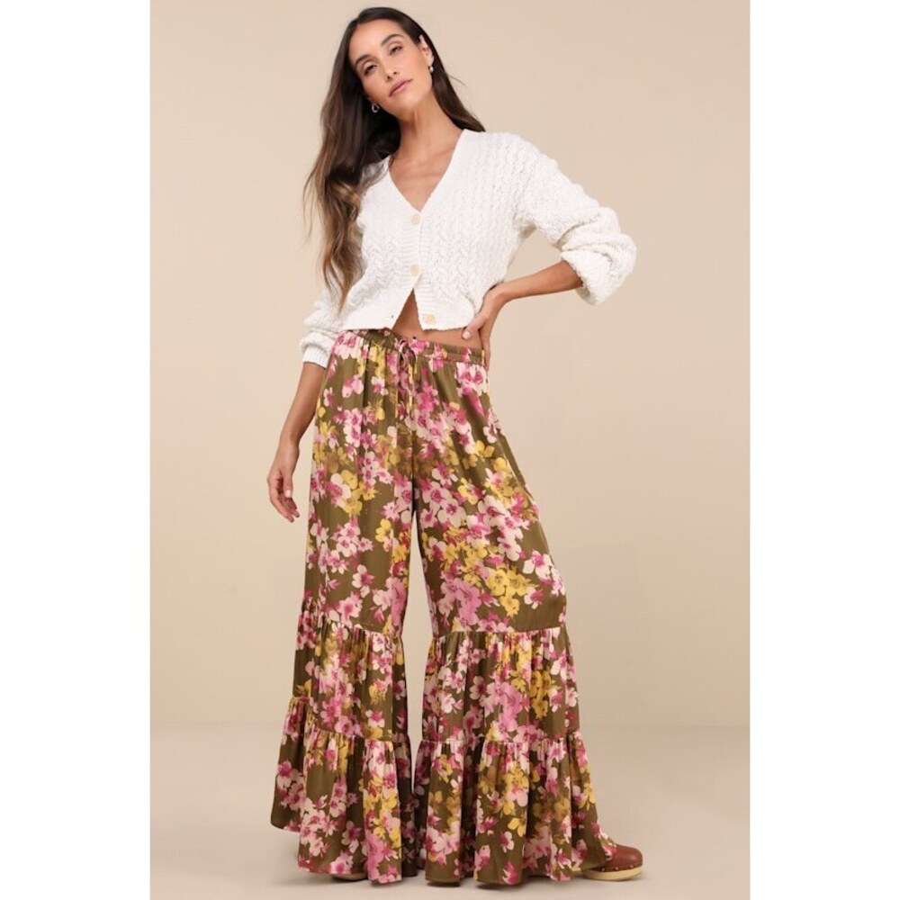 Lulus Sweeter Sunsets Olive Green Floral Satin Tiered Wide-leg Pants - Size S